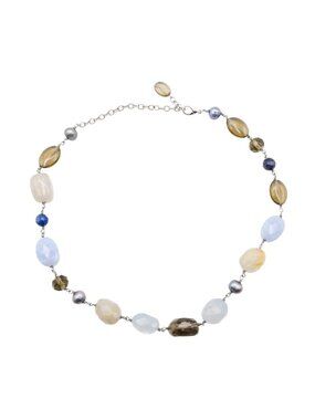 Vintage Multi Gemstone Blue Lace Agate Quartz Pearl Station Necklace 18 Inches